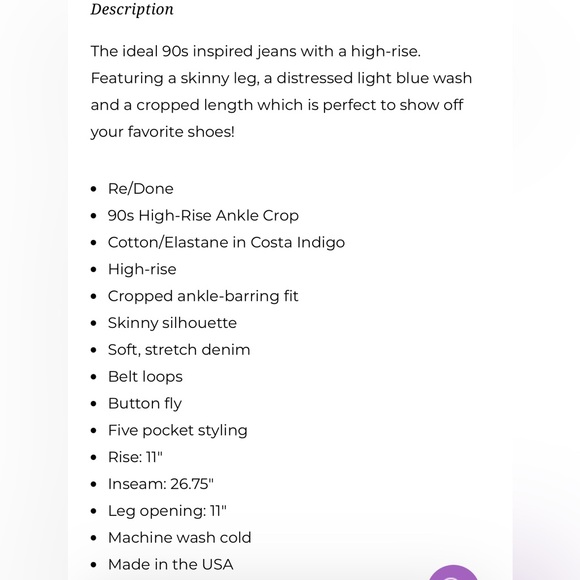 NWT Re/Done 90's High Rise Ankle Crop Jeans - Picture 2 of 6